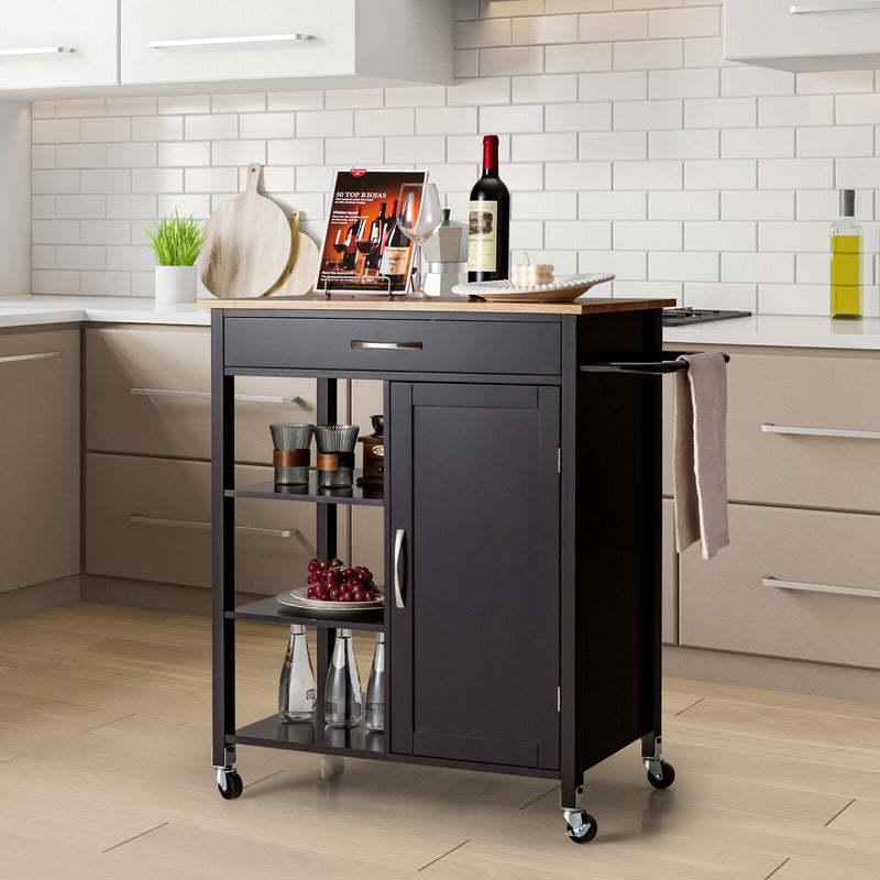 Mobile Kitchen Island Cart with Rubber Wood Top-Brown