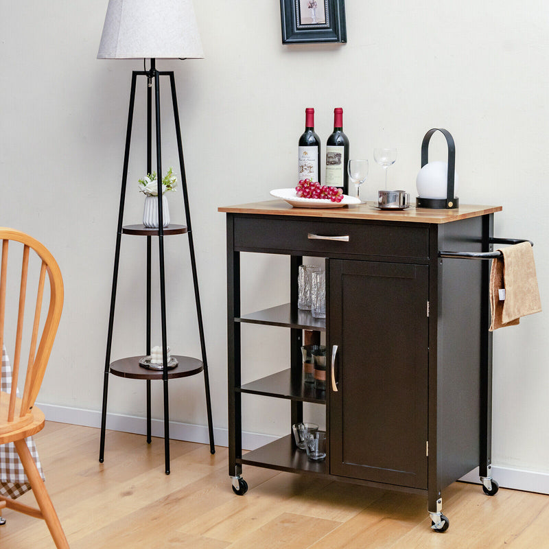 Mobile Kitchen Island Cart with Rubber Wood Top-Brown