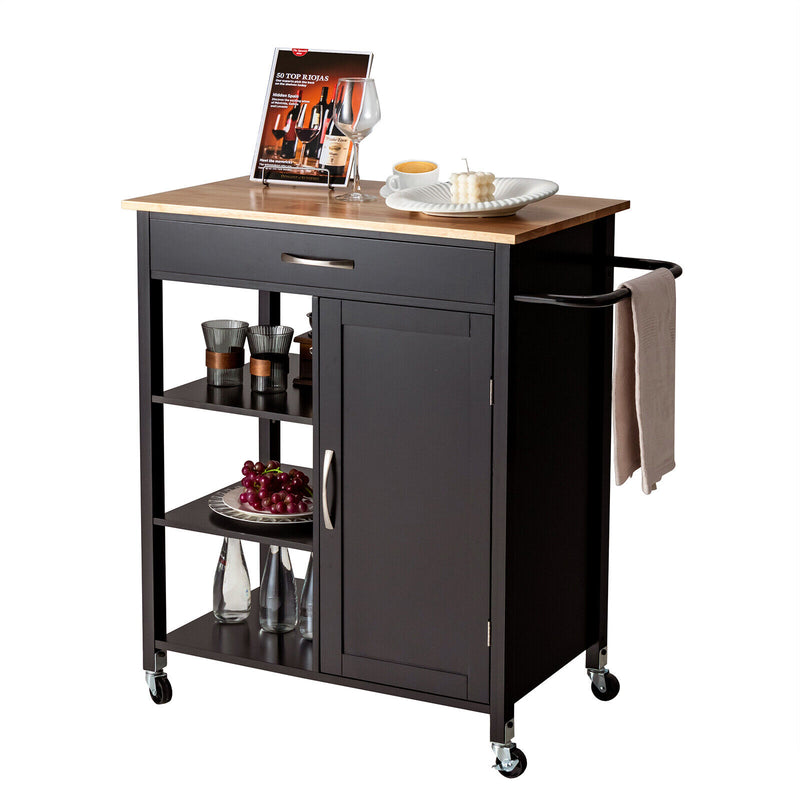 Mobile Kitchen Island Cart with Rubber Wood Top-Brown