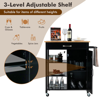 Mobile Kitchen Island Cart with Rubber Wood Top-Black