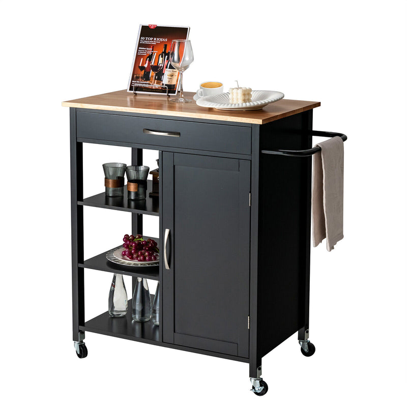 Mobile Kitchen Island Cart with Rubber Wood Top-Black