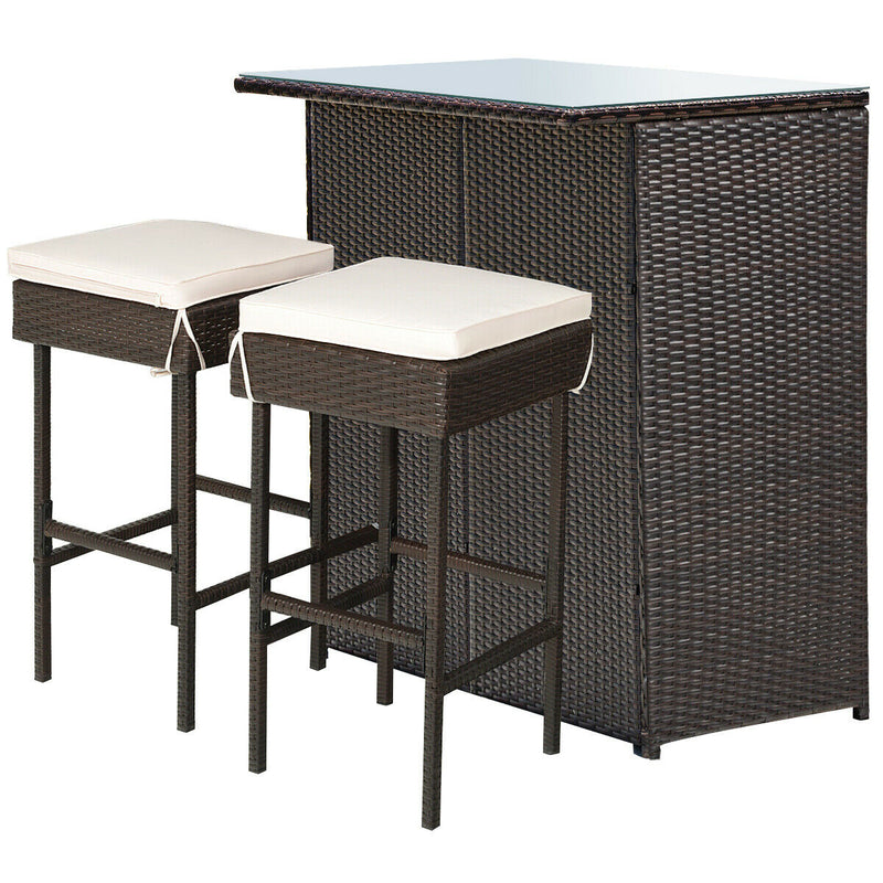 3 Pieces Patio Rattan Wicker Bar Table Stools Dining Set