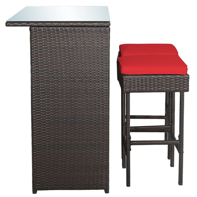 3 Pieces Patio Rattan Wicker Bar Table Stools Dining Set-Red