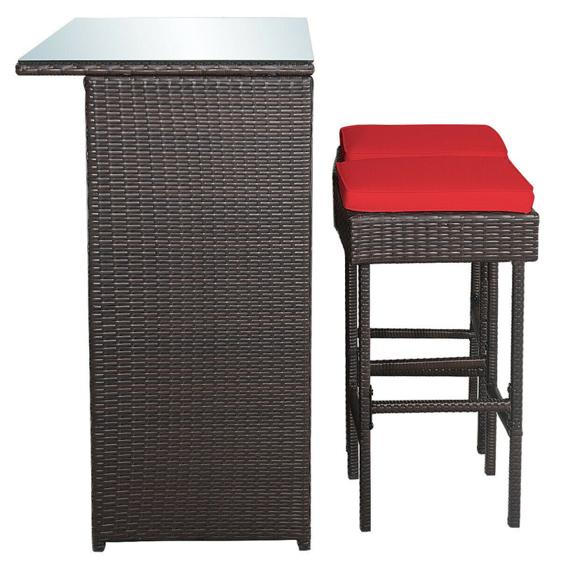 3 Pieces Patio Rattan Wicker Bar Table Stools Dining Set-Red