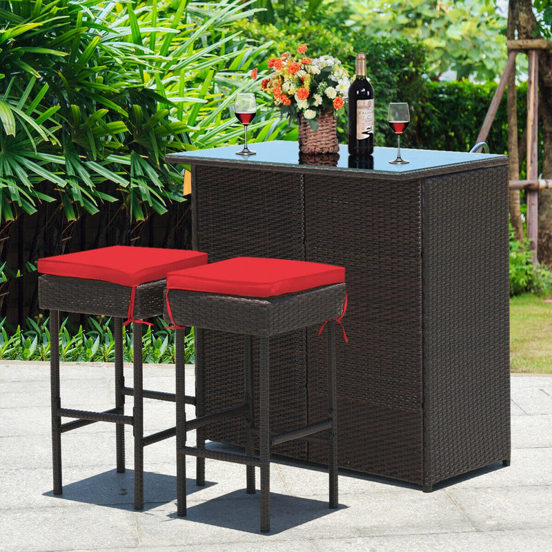 3 Pieces Patio Rattan Wicker Bar Table Stools Dining Set-Red