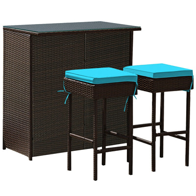 3 Pieces Patio Rattan Wicker Bar Table Stools Dining Set-Turquoise