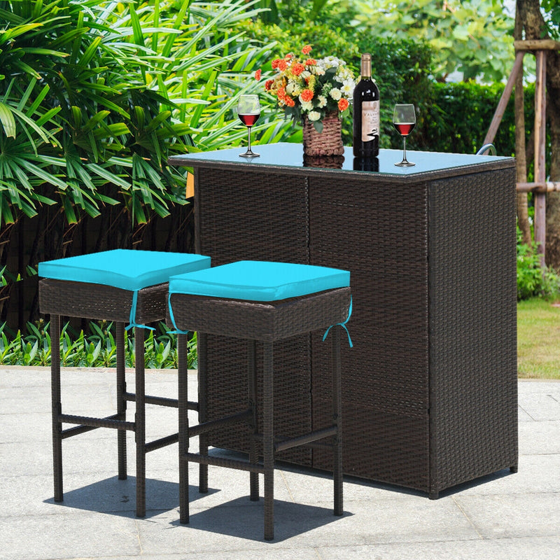 3 Pieces Patio Rattan Wicker Bar Table Stools Dining Set-Turquoise