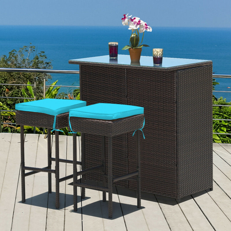 3 Pieces Patio Rattan Wicker Bar Table Stools Dining Set-Turquoise