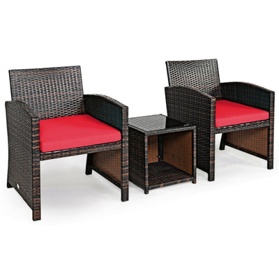 3 Pieces PE Rattan Wicker Furniture Set with Cushion Sofa Coffee Table for Garden-Red