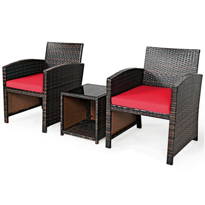 3 Pieces PE Rattan Wicker Furniture Set with Cushion Sofa Coffee Table for Garden-Red