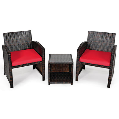 3 Pieces PE Rattan Wicker Furniture Set with Cushion Sofa Coffee Table for Garden-Red