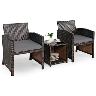 3 Pieces PE Rattan Wicker Furniture Set with Cushion Sofa Coffee Table for Garden-Gray