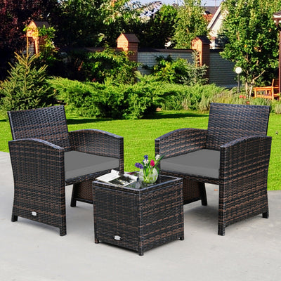 3 Pieces PE Rattan Wicker Furniture Set with Cushion Sofa Coffee Table for Garden-Gray