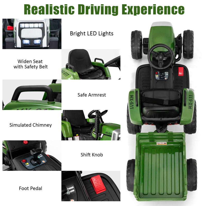 12V Ride on Tractor with 3-Gear-Shift Ground Loader for Kids 3+ Years Old-Dark Green