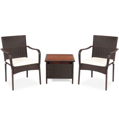 3 Pieces Patio Rattan Furniture Bistro Set with Wood Side Table and Stackable Chair