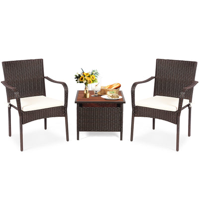 3 Pieces Patio Rattan Furniture Bistro Set with Wood Side Table and Stackable Chair