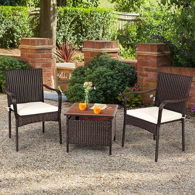 3 Pieces Patio Rattan Furniture Bistro Set with Wood Side Table and Stackable Chair