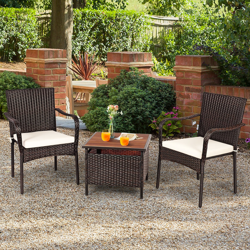 3 Pieces Patio Rattan Furniture Bistro Set with Wood Side Table and Stackable Chair