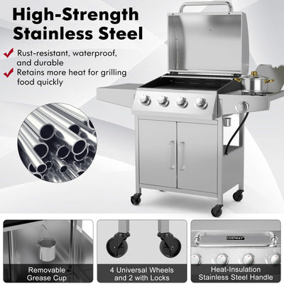 50000BTU 5-Burner Propane Gas Grill with Side Burner and 2 Prep Tables-Silver