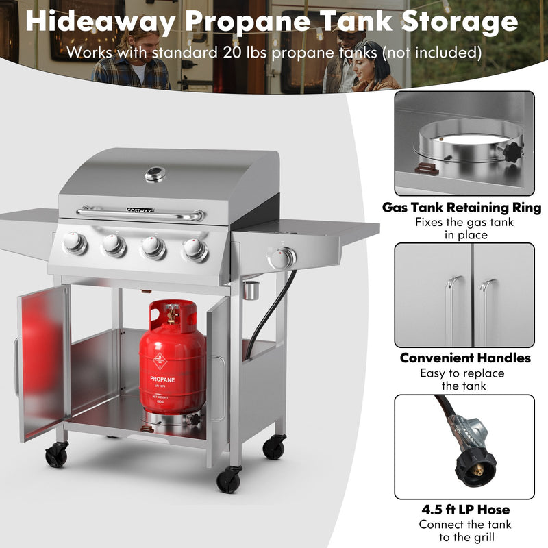 50000BTU 5-Burner Propane Gas Grill with Side Burner and 2 Prep Tables-Silver