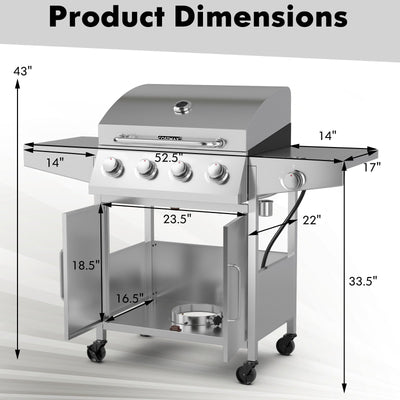 50000BTU 5-Burner Propane Gas Grill with Side Burner and 2 Prep Tables-Silver