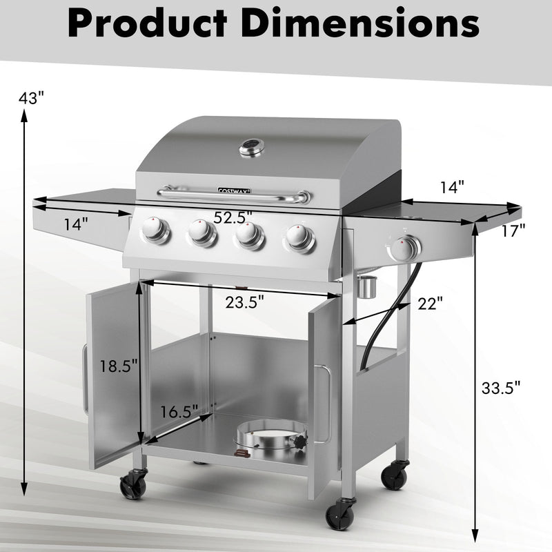 50000BTU 5-Burner Propane Gas Grill with Side Burner and 2 Prep Tables-Silver