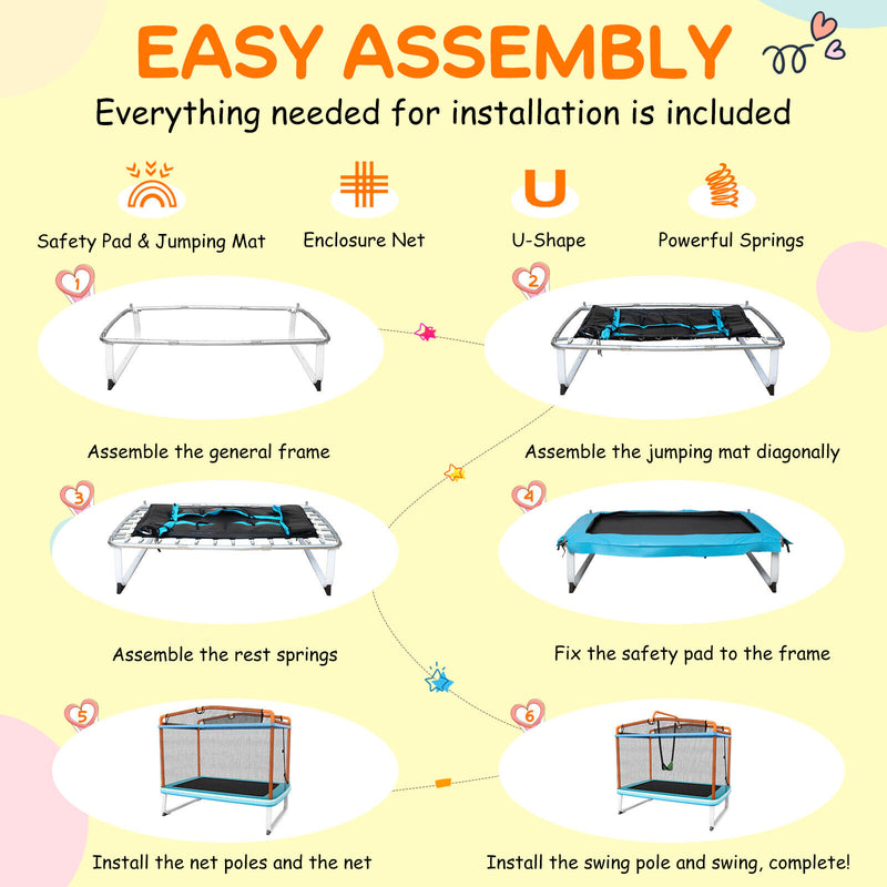 6 Feet Rectangle Trampoline with Swing Horizontal Bar and Safety Net-Orange