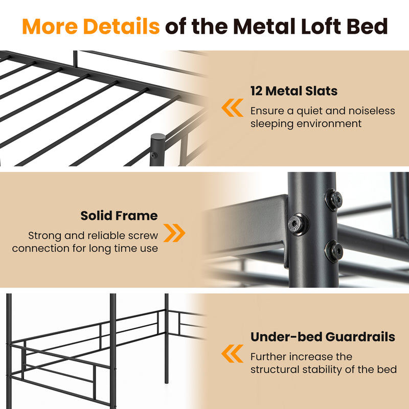 Metal Loft Twin Bed Frame Single High Loft Bed-Black