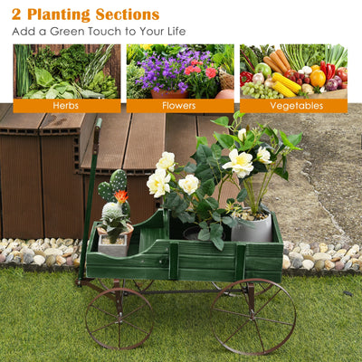 Wooden Wagon Plant Bed With Wheel for Garden Yard-Green