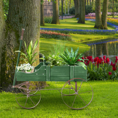 Wooden Wagon Plant Bed With Wheel for Garden Yard-Green