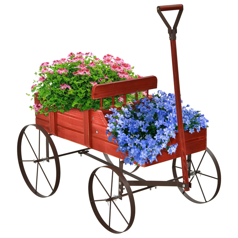 Wooden Wagon Plant Bed With Wheel for Garden Yard-Red