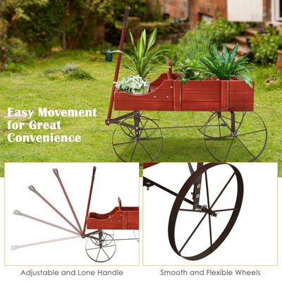 Wooden Wagon Plant Bed With Wheel for Garden Yard-Red