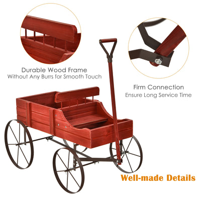 Wooden Wagon Plant Bed With Wheel for Garden Yard-Red