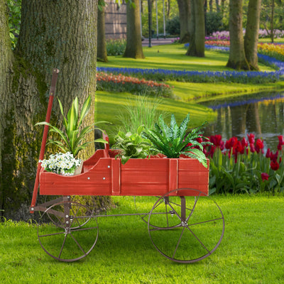 Wooden Wagon Plant Bed With Wheel for Garden Yard-Red