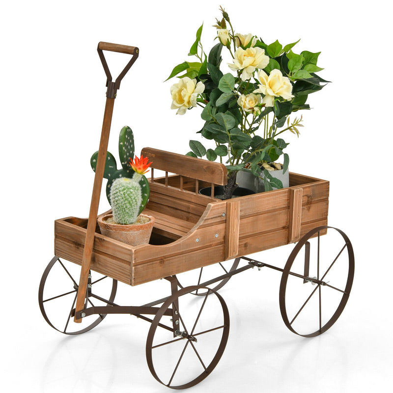 Wooden Wagon Plant Bed With Wheel for Garden Yard-Brown