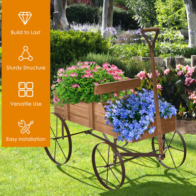 Wooden Wagon Plant Bed With Wheel for Garden Yard-Brown