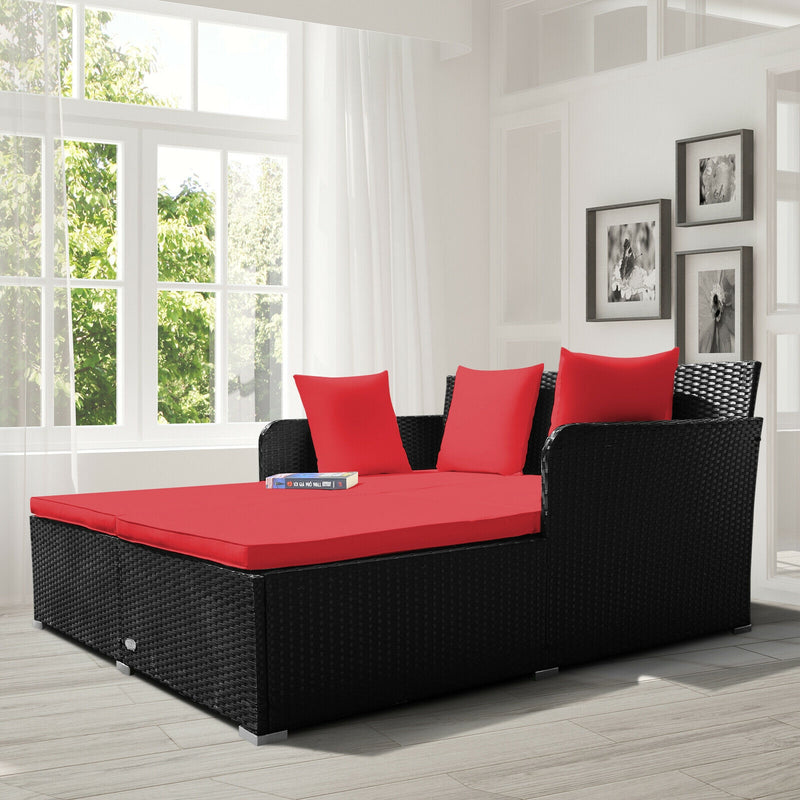 Spacious Outdoor Rattan Daybed with Upholstered Cushions and Pillows-Red