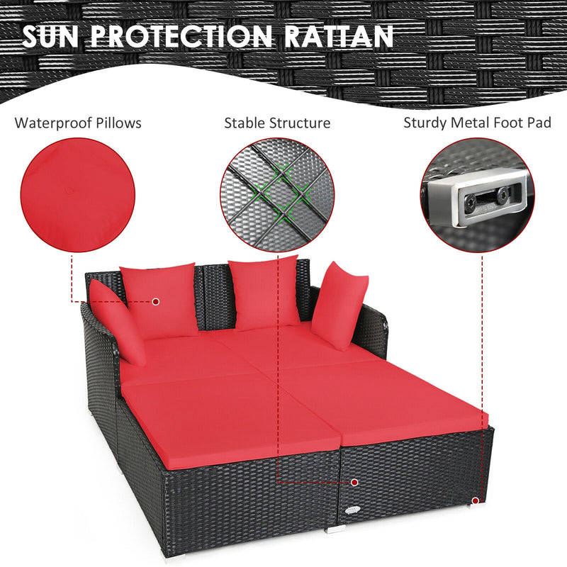 Spacious Outdoor Rattan Daybed with Upholstered Cushions and Pillows-Red