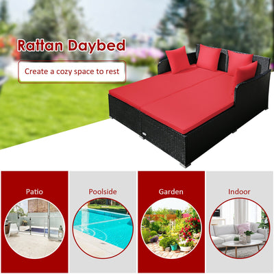 Spacious Outdoor Rattan Daybed with Upholstered Cushions and Pillows-Red