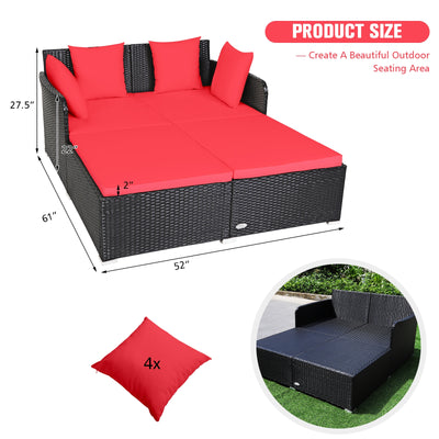 Spacious Outdoor Rattan Daybed with Upholstered Cushions and Pillows-Red