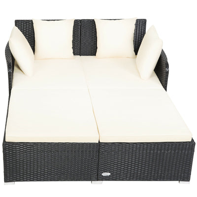 Spacious Outdoor Rattan Daybed with Upholstered Cushions and Pillows-White