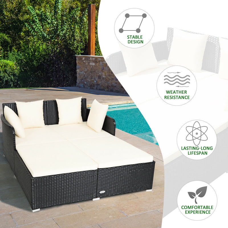 Spacious Outdoor Rattan Daybed with Upholstered Cushions and Pillows-White