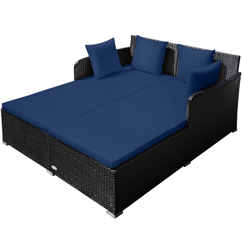 Spacious Outdoor Rattan Daybed with Upholstered Cushions and Pillows-Navy