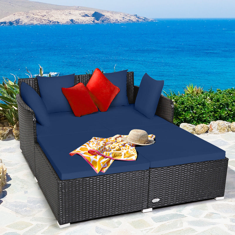 Spacious Outdoor Rattan Daybed with Upholstered Cushions and Pillows-Navy