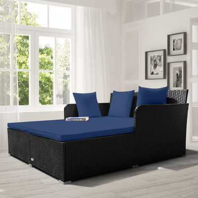 Spacious Outdoor Rattan Daybed with Upholstered Cushions and Pillows-Navy