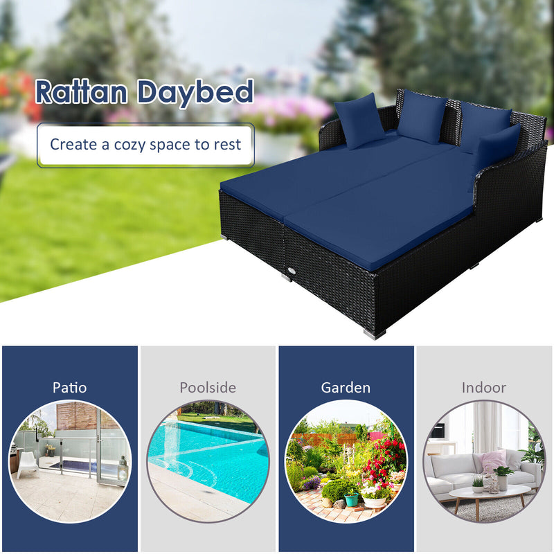 Spacious Outdoor Rattan Daybed with Upholstered Cushions and Pillows-Navy