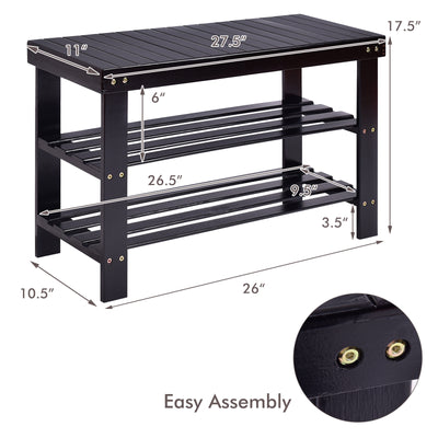 3 Tier Bamboo Bench Storage Shoe Shelf-Black