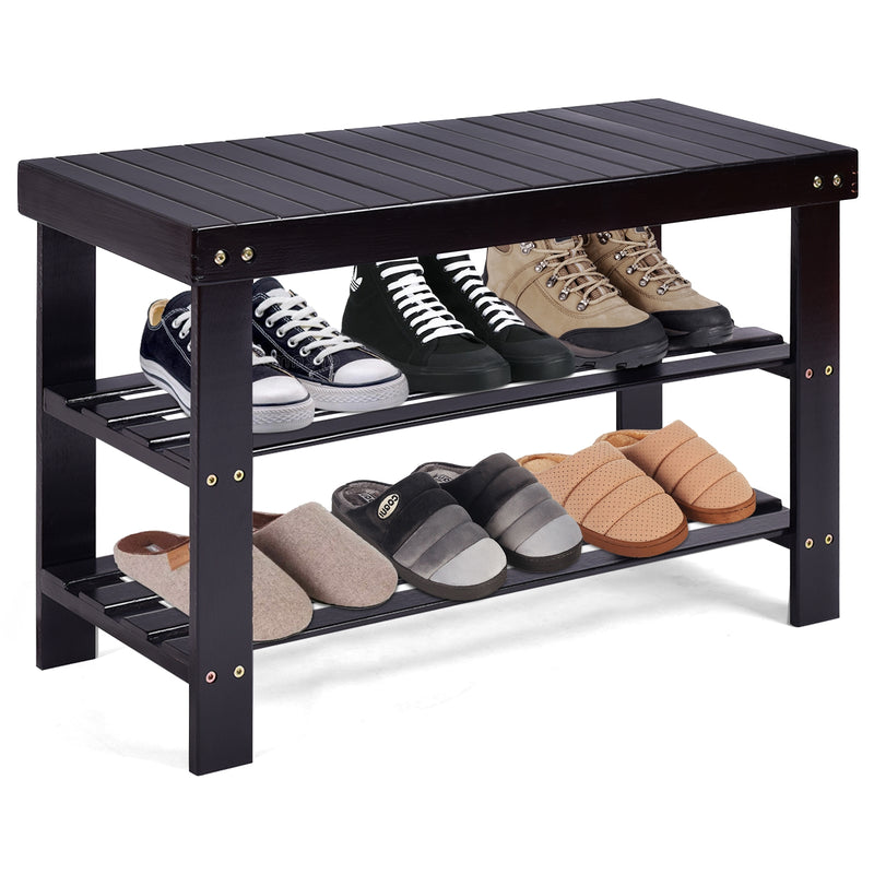 3 Tier Bamboo Bench Storage Shoe Shelf-Black