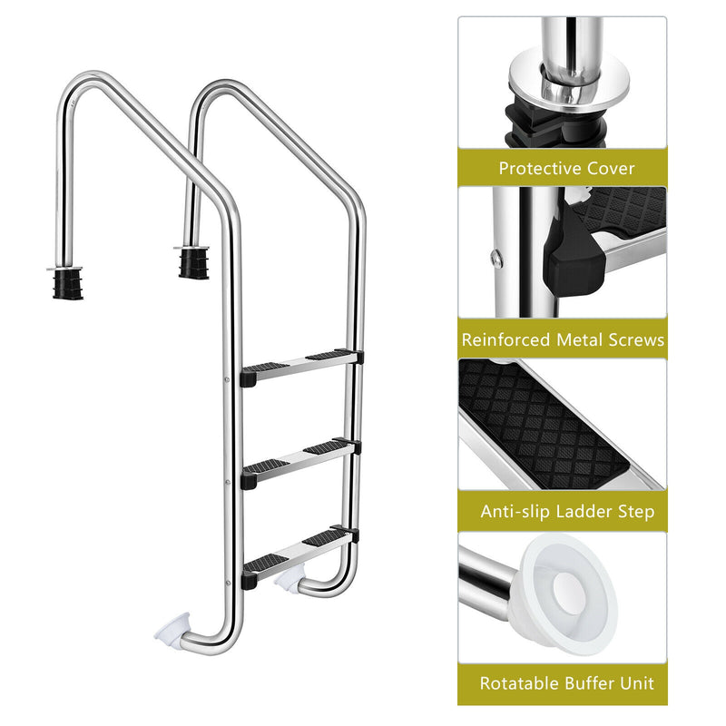 3-Step Stainless Steel Swimming Pool Ladder with Anti-Slip Step