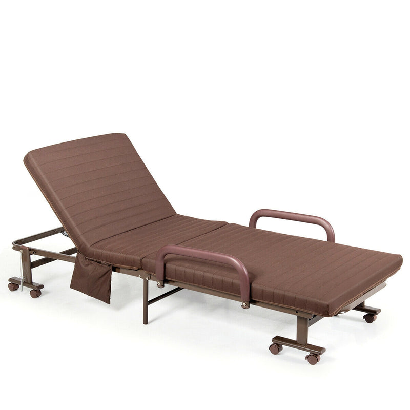 Adjustable Guest Single Bed Lounge Portable Wheels-Brown